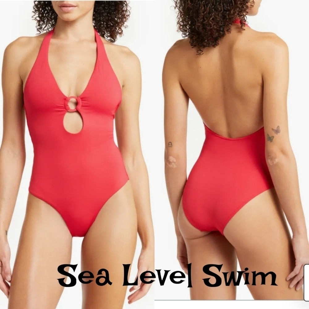 Sea Level Swim Keyhole Halter One Piece Red Swim Suit Sz 10 Womens Halter Tie